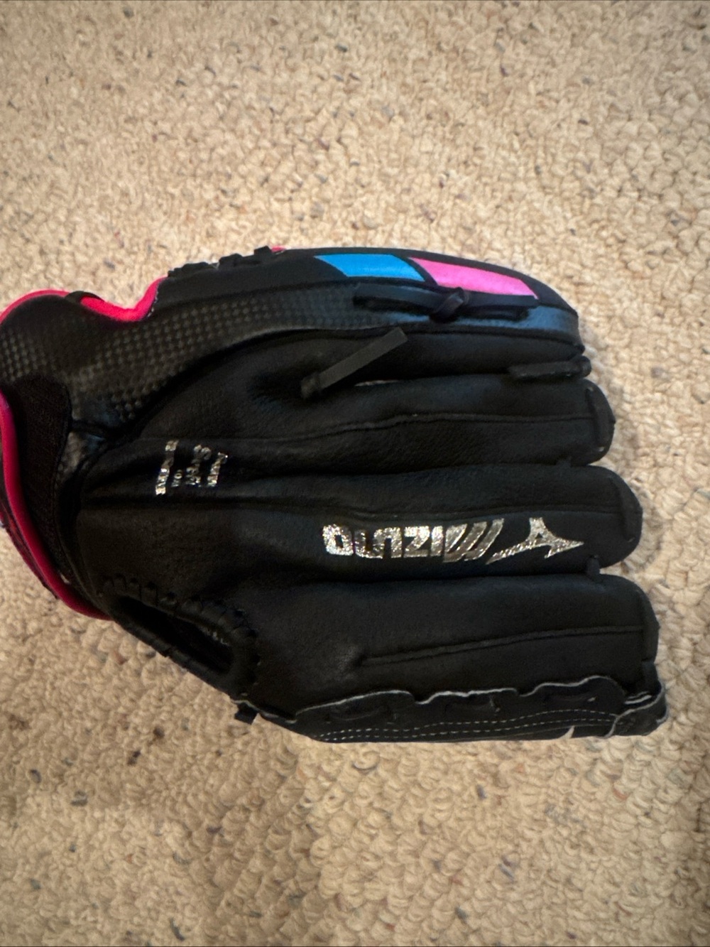 Mizuno Black Baseball Glove with Pink and Blue Lacing Accents